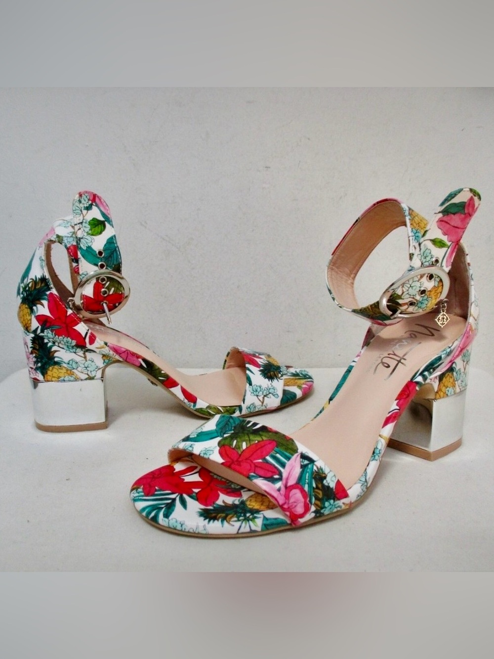 Nanette Lepore Multi Floral Ankle-Strap Block Heel Sandal - Pink, Red, Green
